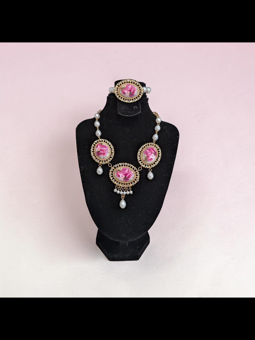 Victorian Rose Gold - Tone Pearl Necklace Earrings Bracelet Jewelry Set - Picture 2 of 8